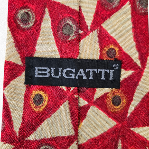 90s Vintage Bugatti Red Bold Geometric Luxury Designer Italian Silk Neck Tie - Picture 5 of 6